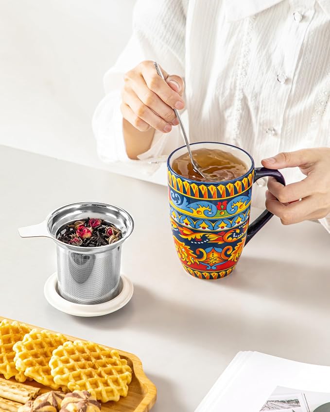 vancasso 18 Oz Tea Infuser Mug with Lid, Midnight Peacock | Eye-Catching Bohemian Pattern, Adds Charm to Any Tea Corner, Ceramic Mug with Infuser, Microwave and Dishwasher Safe