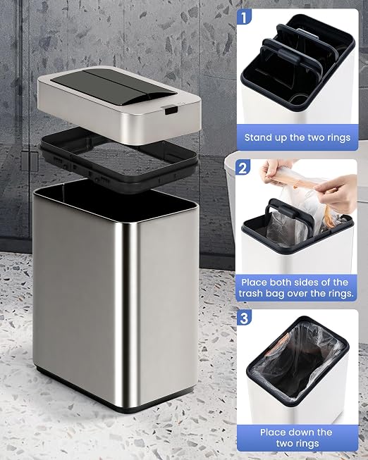 ELPHECO Slim Bathroom Trash Can with Lid 2.6 Gallon Smart Trash Can Silver | Motion Sensor Butterfly Lid Garbage Can Automatic Stainless Steel Wastebasket Bathroom Decor for Bedroom Office Toilet