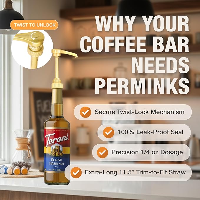 Premium Syrup Pump Compatible w/Torani 750 ml Bottle, Davinci Syrups - No Spill, No Clog Syrup Pump Dispenser for Vanilla, Snow Cone, Coffee Flavoring & More (Pack of 6, Black, White & Gold)