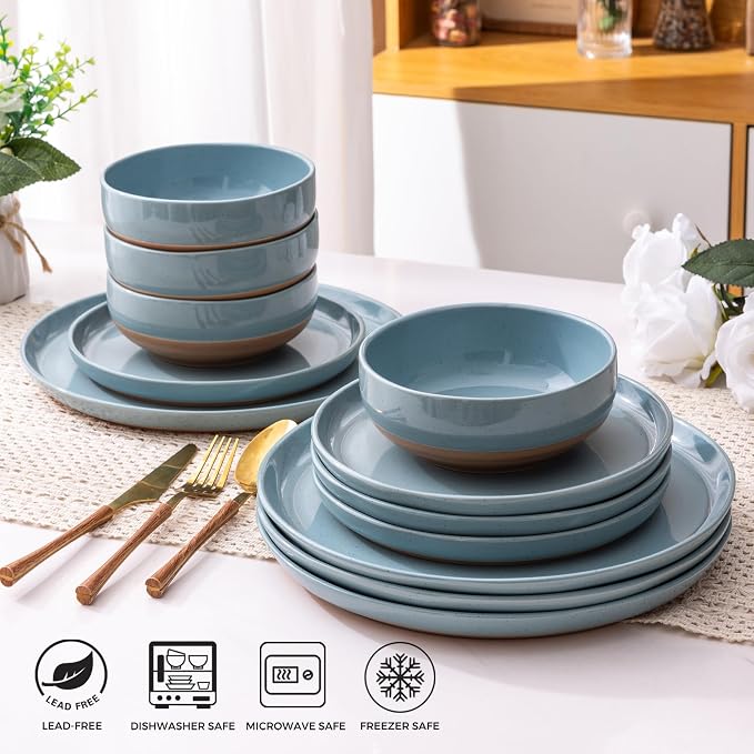 AmorArc Dinnerware Sets for 6, 18 Pieces Ceramic Plates and Bowls Set | Scratch Resistant Stoneware Dishes Set, Dishwasher & Microwave Safe, Stone Blue