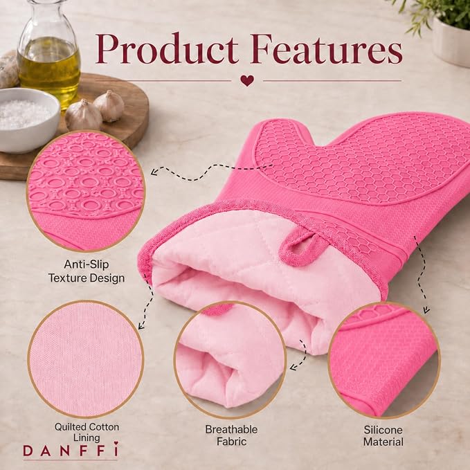 Silicone Oven Mitts and Pot Holders 6 Piece Set, Heat Resistant 500°F Extra Long Oven Gloves with Cotton Lining, Non-Slip BPA-Free Hot Pads and Pinch Mitts for Baking BBQ Cooking (Pink)