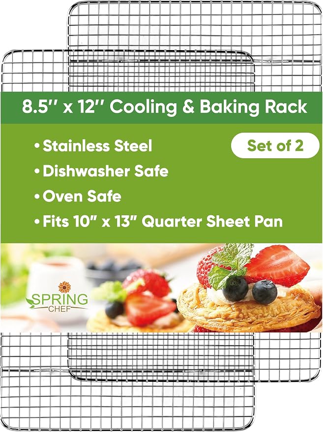 Spring Chef 8.5" x 12" Stainless Steel Cooling Rack for Baking, Set of 2 | Heavy Duty Oven Rack for Kitchen, Oven Safe Wire Rack for Baking, Fits Small Quarter Sheet Pan, Dishwasher Safe