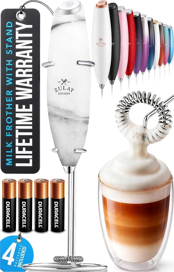Zulay Kitchen Powerful Milk Frother Wand With Duracell Batteries - Ultra Fast Handheld Drink Mixer - Electric Whisk Foam Maker for Coffee, Lattes, Cappuccino & Matcha - Z1 Motor - Quartz