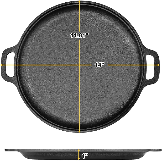 13.8 Inch Cast Iron Pizza Pan - Round Comal for Even Heating - Works on Oven, Grill & Campfire, Heavy-Duty Cast Iron Pizza Stone with Dual Handles