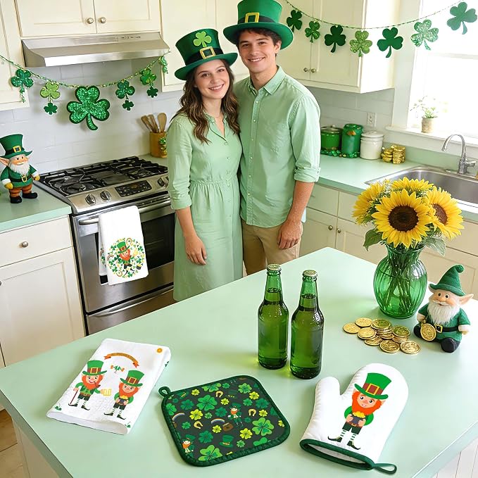 8 PCS St Green Kitchen Decor Sets Irish Leprechaun Shamrock Clover 4 Kitchen Dish Towels 2 Pot Holders 2 Oven Mitt Green Decoration Accessories for Cooking Baking Home Camp Spring