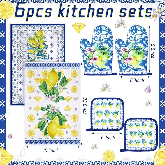 Bencailor 6 Pcs Lemon Kitchen Towels Oven Mitts and Pot Holders Set Decorative Dish Towels Tea Washcloth Non Slip Heat Resistant Oven Gloves for Summer Home Cooking Baking, Blue, Gold