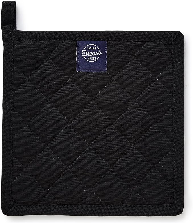Encasa XO Pot Holders, Quilted Kitchen Hot Pads 8"x8" | Full Black, 100% Cotton | Heat Resistant | Hanging Loop | Multipurpose Trivets | Machine Washable | Set of 2