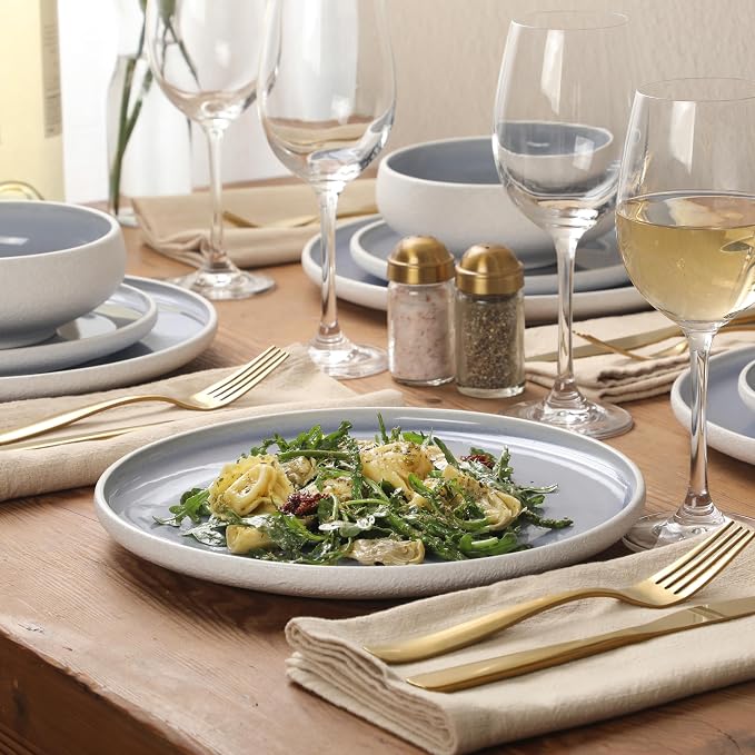 Gibson Elite Pacifco Beach Plates and Bowls Sets, 12-Piece Stoneware Dinnerware Sets, Reactive Glaze Dish Set - Blue