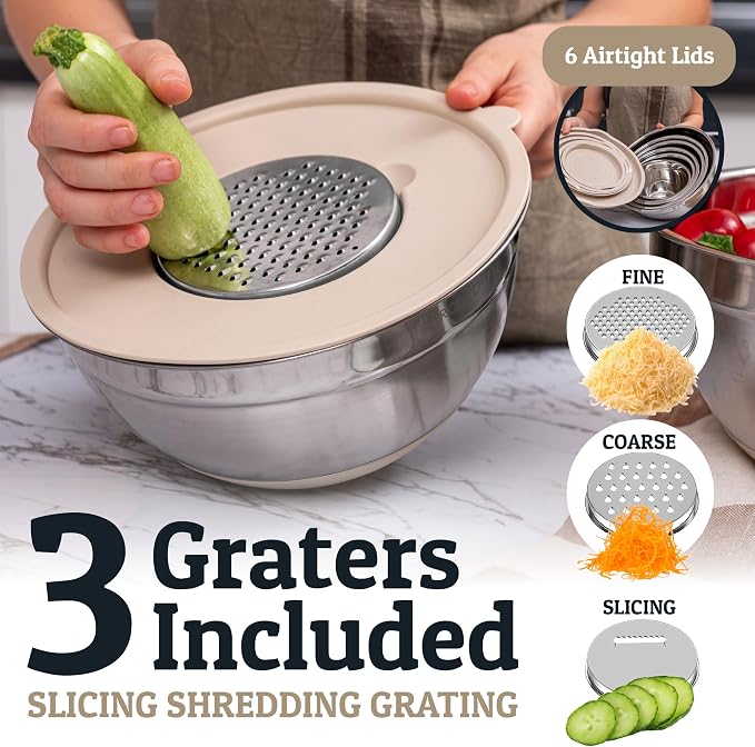 6Pc Stainless Steel Mixing Bowls with Lids Set, Huge 7 Qrt Size Metal Bowl Set for Kitchen, 3 Graters, Non-Slip Bases & Silicone Utensils Set, Khaki