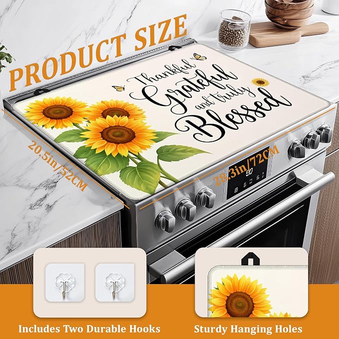Sunflowers Glass Top Stove Cover Protector,Thankful Grateful Stove Top Covers for Electric Stove,Washable Heat Resistant Cooktop Mat Anti-Slip Range Covers, 28 x 20 Inch