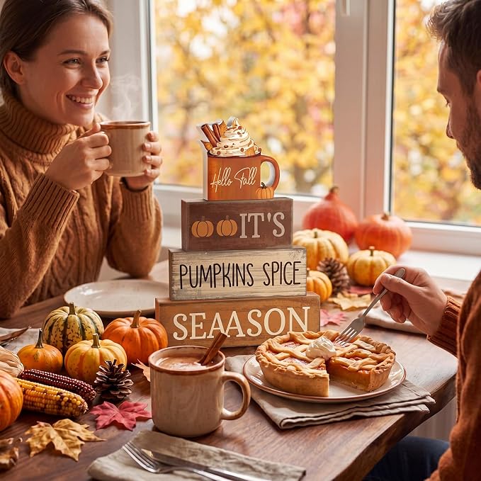 Lineshading 4 Pcs Wooden Fall Block Signs Pumpkin Spice Tabletop Decor | Rustic Farmhouse Stackable Design, Tiered Tray Displays, Coffee Table Centerpiece, Thanksgiving Seasonal Home Decor