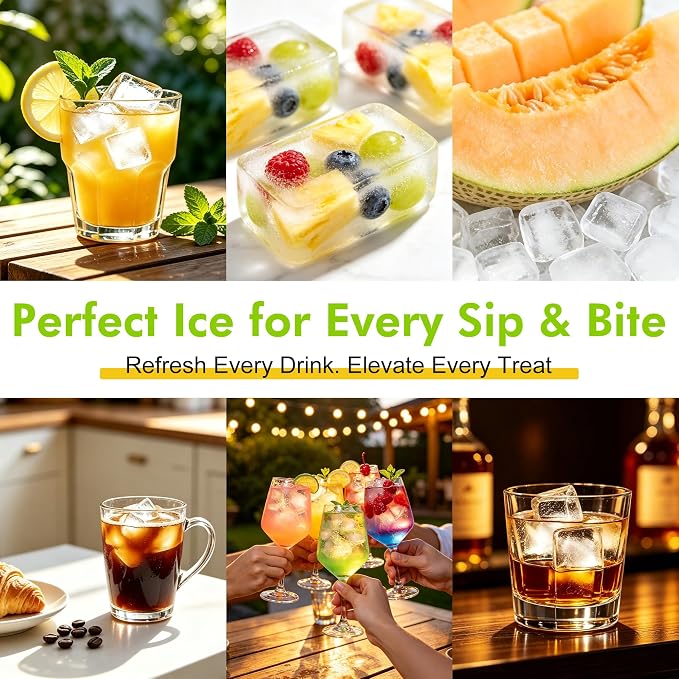 Ice Cube Tray with Lid and Bin - 4 Pack Molds Space-Saving Ice Bucket Kit | Stackable Silicone Trays for Freezer, for Whiskey, Cocktails, Coffee, Juice, Soda, Kitchen & RV