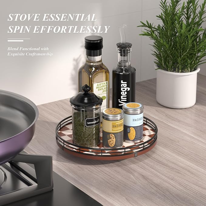 AMH 10-Inch Brown Checkerboard Lazy Susan Organizer with Black Metal Rail | Smooth rotating oak tray with walnut finish for dining tables, kitchen counters, pantries and cabinet storage.