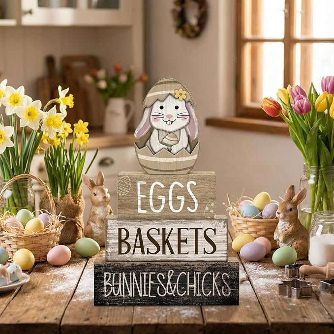 Lineshading 4 Pcs Wooden Farmhouse Tiered Tray Decor Rabbit Egg Signs | Rustic Home Decor for Shelves, Spring Easter Bunny Themed Stackable Blocks, Farmhouse Table Centerpiece Gift