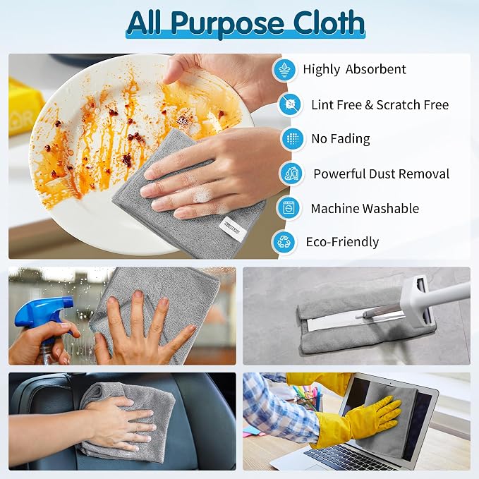 Grey Microfiber Cleaning Cloth -Pack of 12, Highly Absorbent Cleaning Rags, 16"X12" All Purpose Cleaning Towels for Housekeeping, Kitchen, Car, Lint Free and Reusable Microfiber Towels