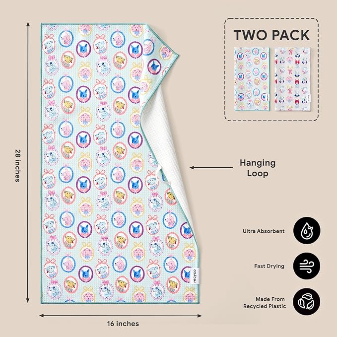 RECYCO Waffle Kitchen Towel Set of 2 - Quick Dry Microfiber Sustainable Dish Towels - Ultra Absorbent Reusable Cleaning Tea Towels - Lightweight Hand Towels,16”x 28”, Puppy Joy