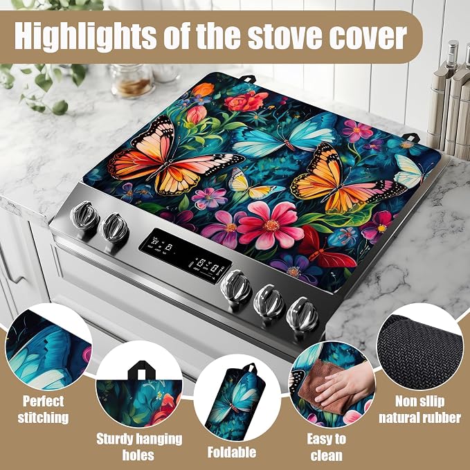 Watercolor Butterfly Floral Stove Top Covers for Electric Stove, Electric Gas Stove Pad Heat Resistant Range Cooktop Protector for Home Decor Kitchen 28"x20"