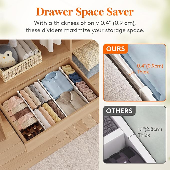 Lifewit 5 Pack 4" High Drawer Dividers, Adjustable Drawer Organizer Clothes | 13.8"-22.2" Expandable White Plastic Separators for Dresser, Kitchen, Cabinet, Nursery, Office, Socks & Underwear Storage
