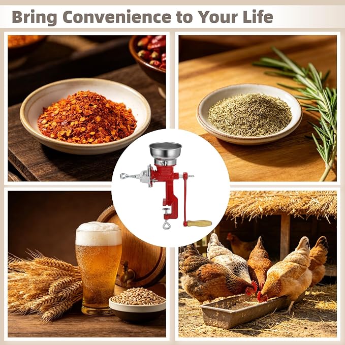 Corn Grinder Grain Manual,Cast Iron Crank Corn Grain Mill Grinder,Hand Powered Flour Mill,Wheat Grinder with Adjustable Coarseness & Wooden Handle for Home, kitchen, Coffee,14.6" Tall & 5.3" Hopper