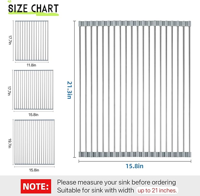 Roll Up Dish Drying Rack, 21.3" x 15.8" Over The Sink Dish Drying Rack, Dish Drying Rack for Kitchen Sink Counter Storage (Grey)