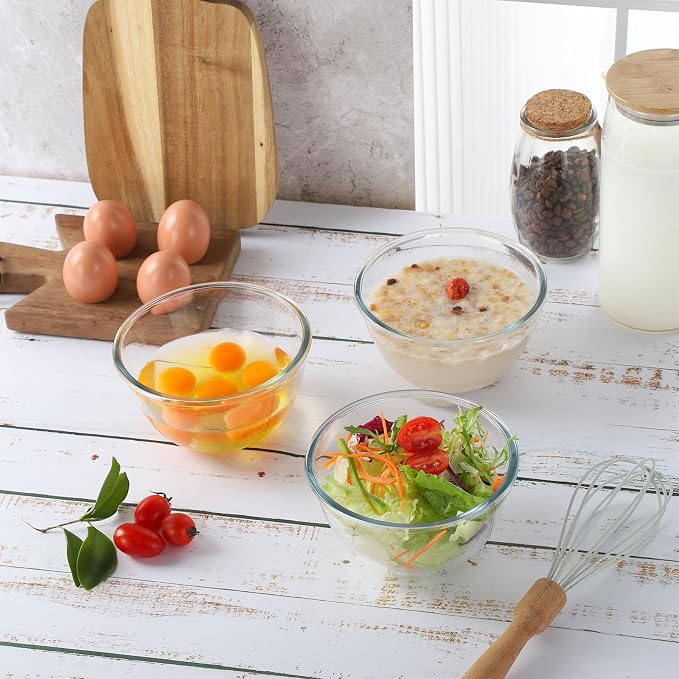 WHJY 3 Pack of 6 Inch Glass Cereal Bowls - Crystal Clear, Oven & Microwave Safe, Modern Style, Perfect for Salad, Pasta, Soup, Cereal