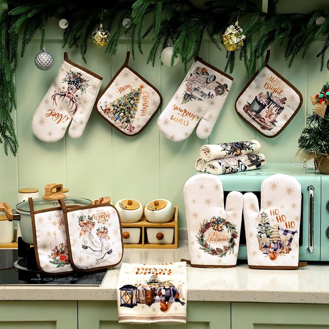 SiliFine 12 Pcs Christmas Kitchen Accessories Set Vintage Deer Pot Holders Xmas Retro Truck Oven Mitts Gnome Kitchen Towels for Farmhouse Christmas Home Decorations, Cooking Baking Holiday Gifts