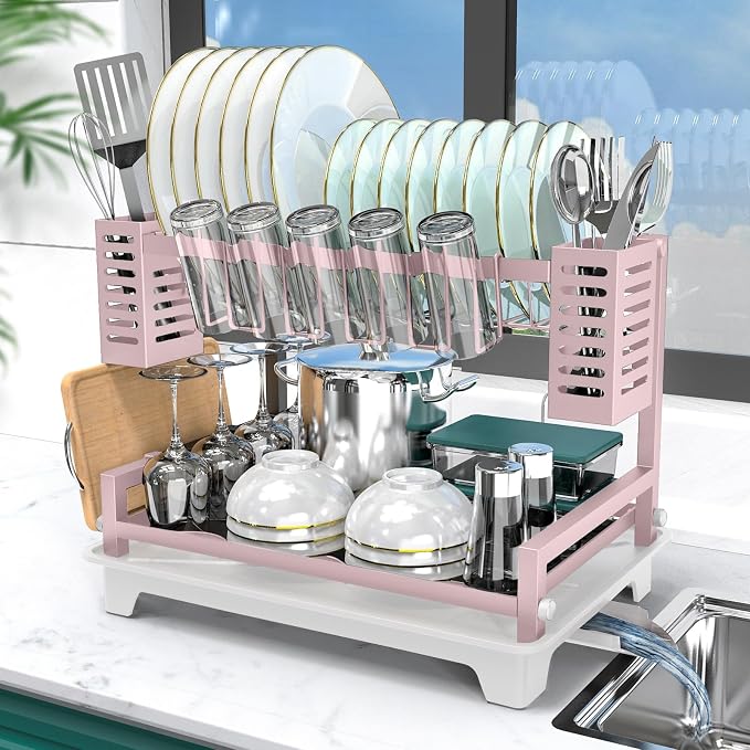 Dish Drying Rack, Rust-Proof 2 Tier Dish Racks for Kitchen Counter | Large Dish Drying Rack with Drainboard & Utensil Holders, Dish Drainers,Kitchen Organization