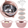4-1 Colander with Bowl & Spoons Set - Food Strainer with New Upgraded Graters & Spoons - Colanders for kitchen(Patented) - Strainer for Fruit Pasta Veggie, Funny Presents for Women, Pink