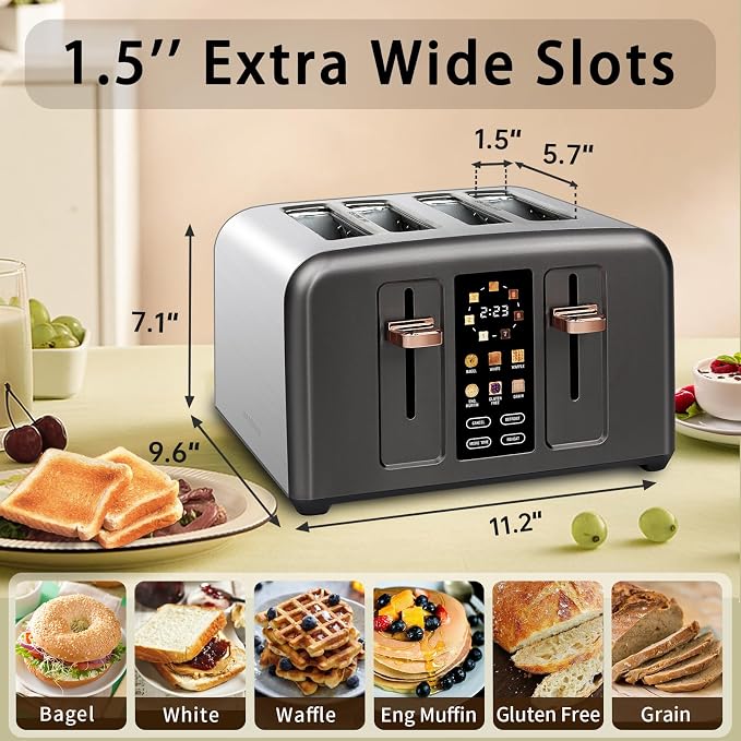 SEEDEEM 4 Slice Stainless Steel Toaster, 1.5" Wide Slots, Dark Metallic | Toaster 4 Slice, 6 Bread Type, 7 Shade Settings, 1.5'' Wide Slots, Cancel/Defrost/Reheat, Removable Crumb Tray, 1800W