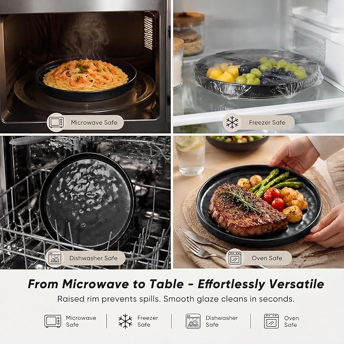 E-far Black Plates and Bowls Sets, 12-Piece Stoneware Dinnerware Set for 4 | Modern Ripple Design Dishes Set for Kitchen Dining, Chip & Scratch Resistant, Microwave & Dishwasher Safe, Matte Black