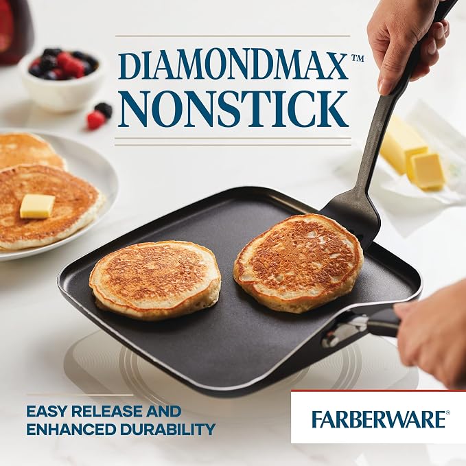 Farberware Cookstart Aluminum DiamondMax Nonstick Square Griddle Pan, 11-Inch, Black