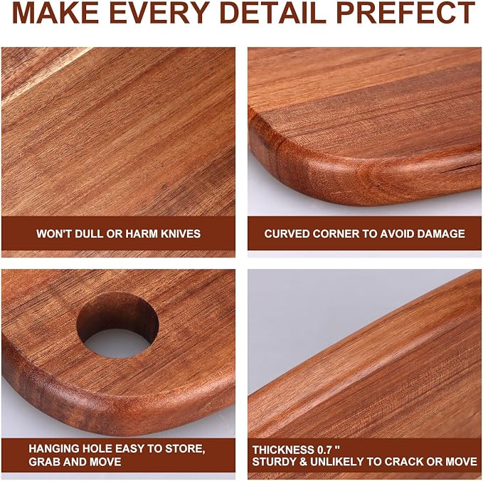 Small Acacia Wood Cutting Boards for Kitchen with Hanging | Medium Wooden Cutting Board for Vegetables, Fruit, Bread, Meat, Cheese, Charcuterie - BPA Free, 10" x 8"