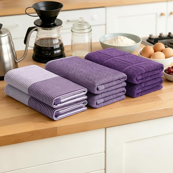 Homaxy 9 Pack Cotton Terry Premium Kitchen Towels, 18 x 28 in, Purple | Large 380 GSM Dish Towels, Highly Absorben Flat & Terry Kitchen Hand Towels, Soft Utility Tea Towel Set with Hanging Loop
