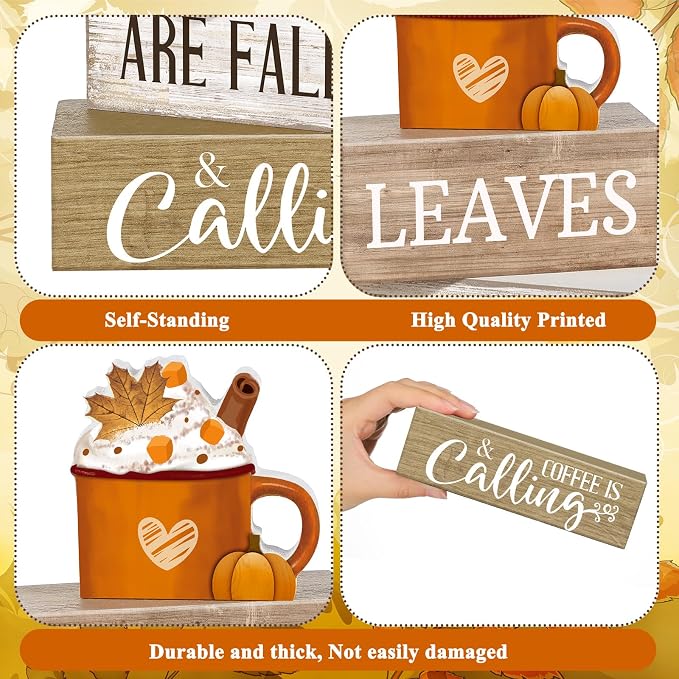 Lineshading 4 Pcs Fall Coffee Table Decor Wooden Pumpkin Latte Block Signs | Rustic Farmhouse Tiered Tray Decor, Thanksgiving Home Decorations, Pumpkin Mug Topper, Fall Coffee Bar Shelf Signs