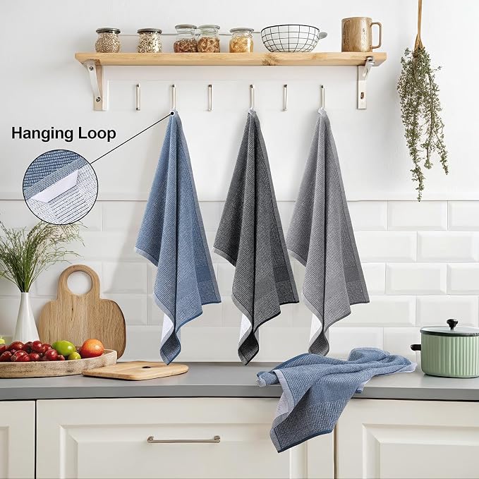 Mordimy Cotton Kitchen Towels (18"x 28", 6 Pack), Navy Blue/Grey/Black | 100% Ring Spun Cotton, Super Absorbent, 380 GSM, Flat & Terry, Soft, Hanging Loop Dish Towels