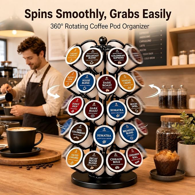 K Cup Holder, Coffee Pod Holder Storage Organizer Stand, 40 Pods Carousel | K Cup Carousel,Polished Top Ball,360°Rotating K Cup Organizer,Stable Base,Space-Saving for Countertop,No Assembly Required