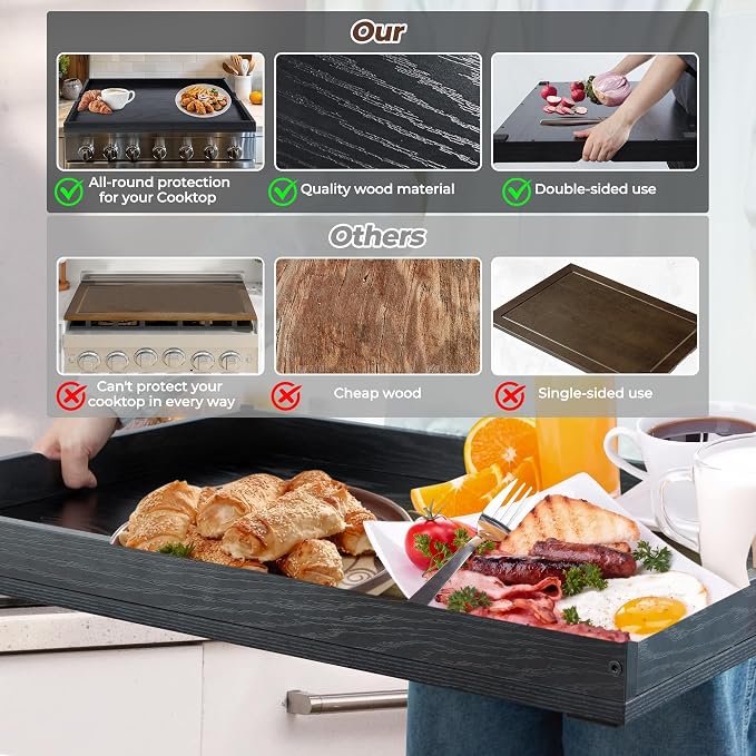 WOLKI Noodle Board Stove Cover for Stoves, Wooden Cover Built-in Handles | 30"L x 22"W x 2.4"Th Heavyweight Stove Top Cover For Gas Burners & Electric Stove, Serving Tray, Space Saver, Black