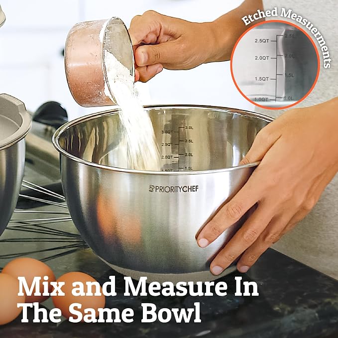 Priority Chef Premium Mixing Bowls With Lids Set, Airtight Lids, Thicker Stainless Steel, Non-Slip Base, 5 Nesting Steel Bowls for Kitchen, Large Prep Metal Bowl Set 1.5/2/3/4/5 Qt, Khaki