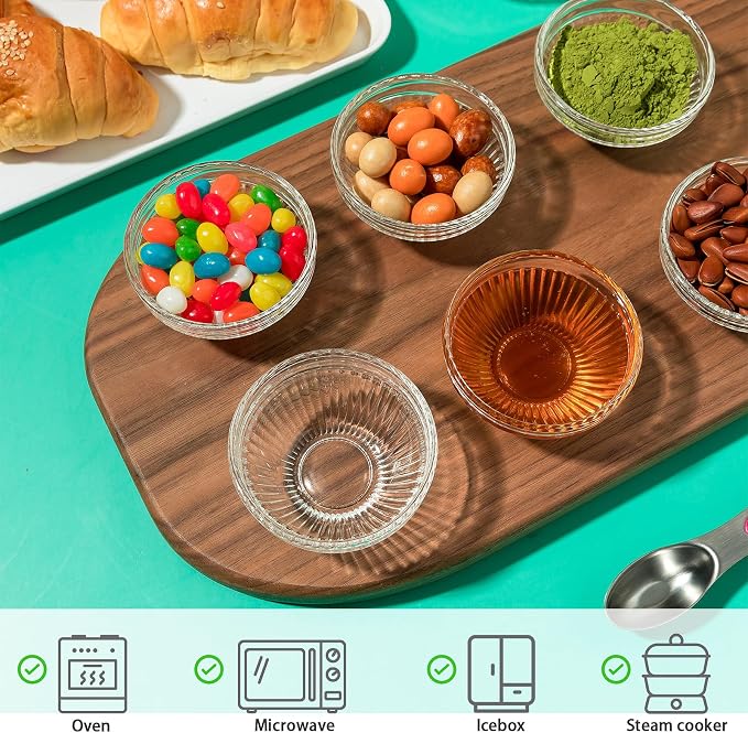 10 Set Mini Glass Prep Bowls, 2.5oz Ribbed Small Bowls Stackable Ingredient Dishes Clear Ramekins Pinch Bowl for Measuring Spices Dipping Sauces