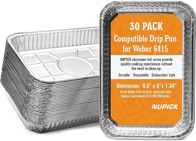 NUPICK 30 Pack 6415 Drip Pans Compatible for Weber | Aluminum Pans for Weber Spirit, Genesis Series, Q Series Grills, Disposable Aluminum Foil Grease Trays, 8.5" x 6"