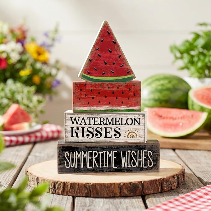 Lineshading 4 Pcs Summer Table Decor Wooden Watermelon Tiered Tray Decor | Stackable Summer Home Decoration, Rustic Tabletop Piece for Birthday Party, Watermelon Kisses Summertime Wishes Signs