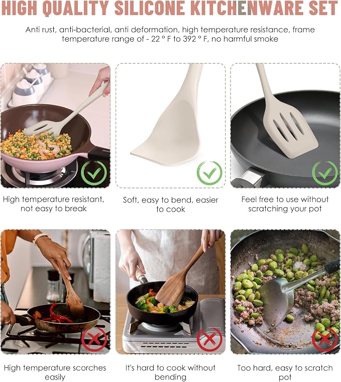 Khaki Kitchen Utensils Set-12 Pieces Silicone Cooking Utensils Set | Dishwasher Safe 392°F Heat Resistant Spatula Set Kitchen Utensil Set for Nonstick Cookware,Best Kitchen Tools with Holder