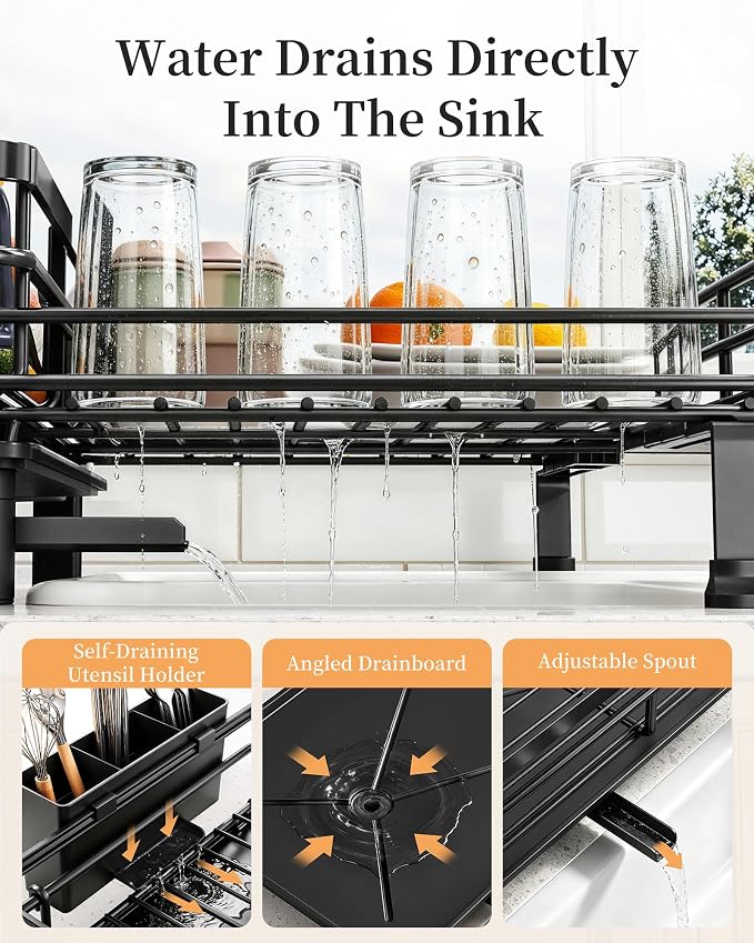 SAYZH Expandable Dish Drying Rack for Kitchen Counter, Metal, Black | Foldable Over Sink, Large Capacity, Rust-Resistant, Adjustable for Most Sinks, Automatic Drainage, Removable Utensil Holder