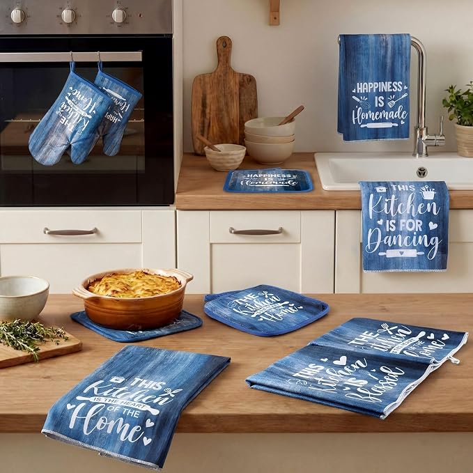Leinuosen 8 Pcs Farmhouse Kitchen Decor Towels and Oven Mitts Sets Pot Holders Dishcloths Set Kitchen Decorative Accessories Absorbent Potholders Heat Resistant for Chef Baking Cooking