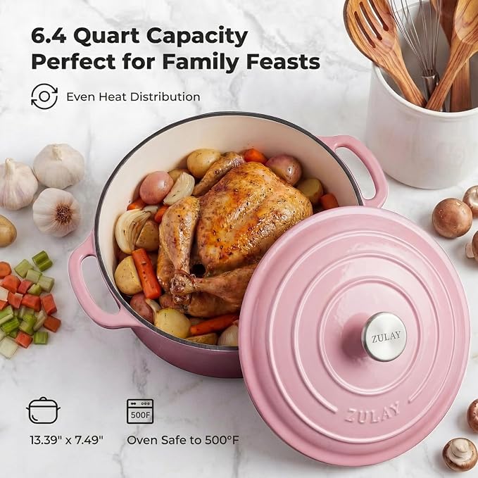 Zulay Kitchen 6.4QT Enameled Cast Iron Dutch Oven Pot with Lid, Heavy-Duty Soup Pot for Stews, Braising, Roasting & Sourdough Bread Baking, Oven Safe up to 500°F - Pink