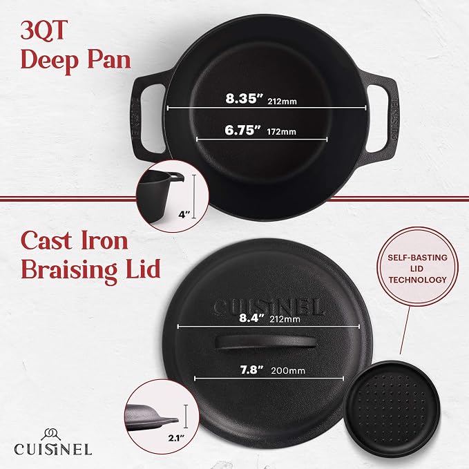 Cuisinel Cast Iron Dutch Oven - 3-Quart Deep Pot + Lid + Pan Scraper + Handle Covers - Large Pre-Seasoned Cooker for Baking Bread, Soup, Frying - Indoor/Outdoor - BBQ Cookware. PFAS and PFOA-free