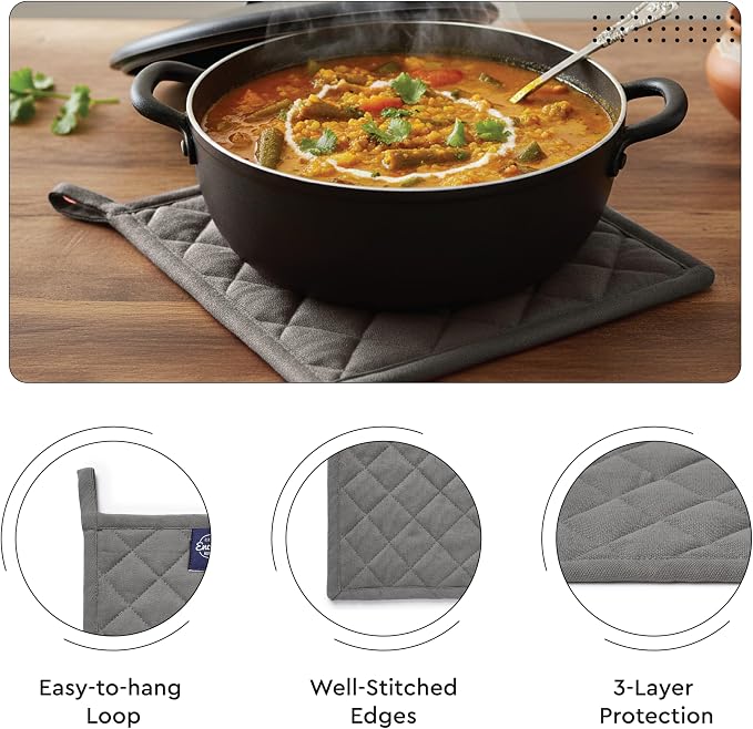Encasa XO Oven Mitts and Pot Holders Set, Heat Resistant Cotton | Grey, Diamond Quilted | Non-Slip Grip | Microwave & Oven Safe | Hanging Loop | Machine Washable | Set of 2