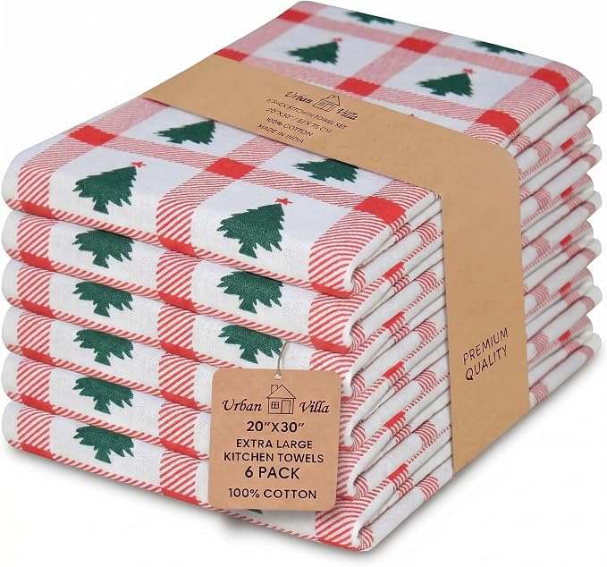 Urban Villa Kitchen Towel Cotton Dish Towel 20”x30” (Set of 6) Christmas Tree