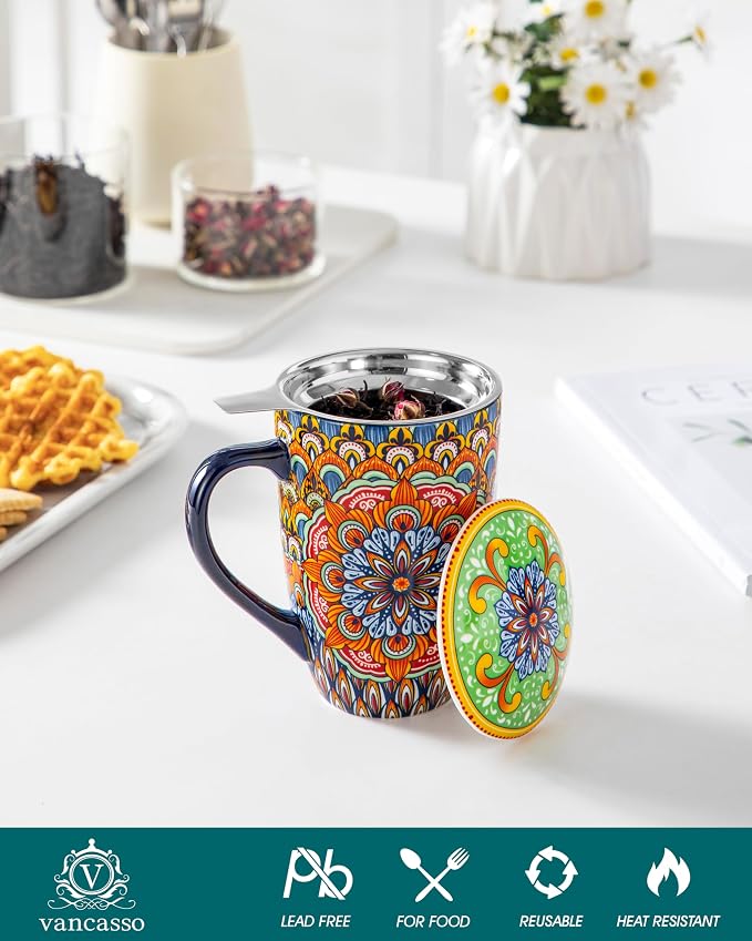 vancasso Ceramic Tea Mug with Infuser and Lid, 18 Ounce Bohemian Loose Leaf Cup, Microwave & Dishwasher Safe, Perfect for Tea, Coffee, Burnt-Cobalt Mandala