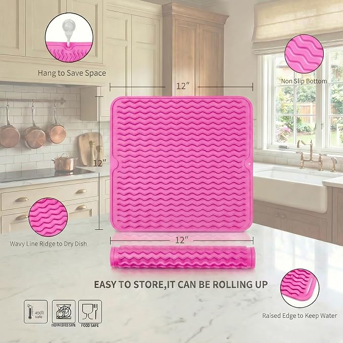 MicoYang Silicone Dish Drying Mat for Multiple Usage,Easy clean,Eco-friendly,Heat-resistant Silicone Mat for Kitchen Counter or Sink,Refrigerator or Drawer liner Rose M 12 inches x 12 inches